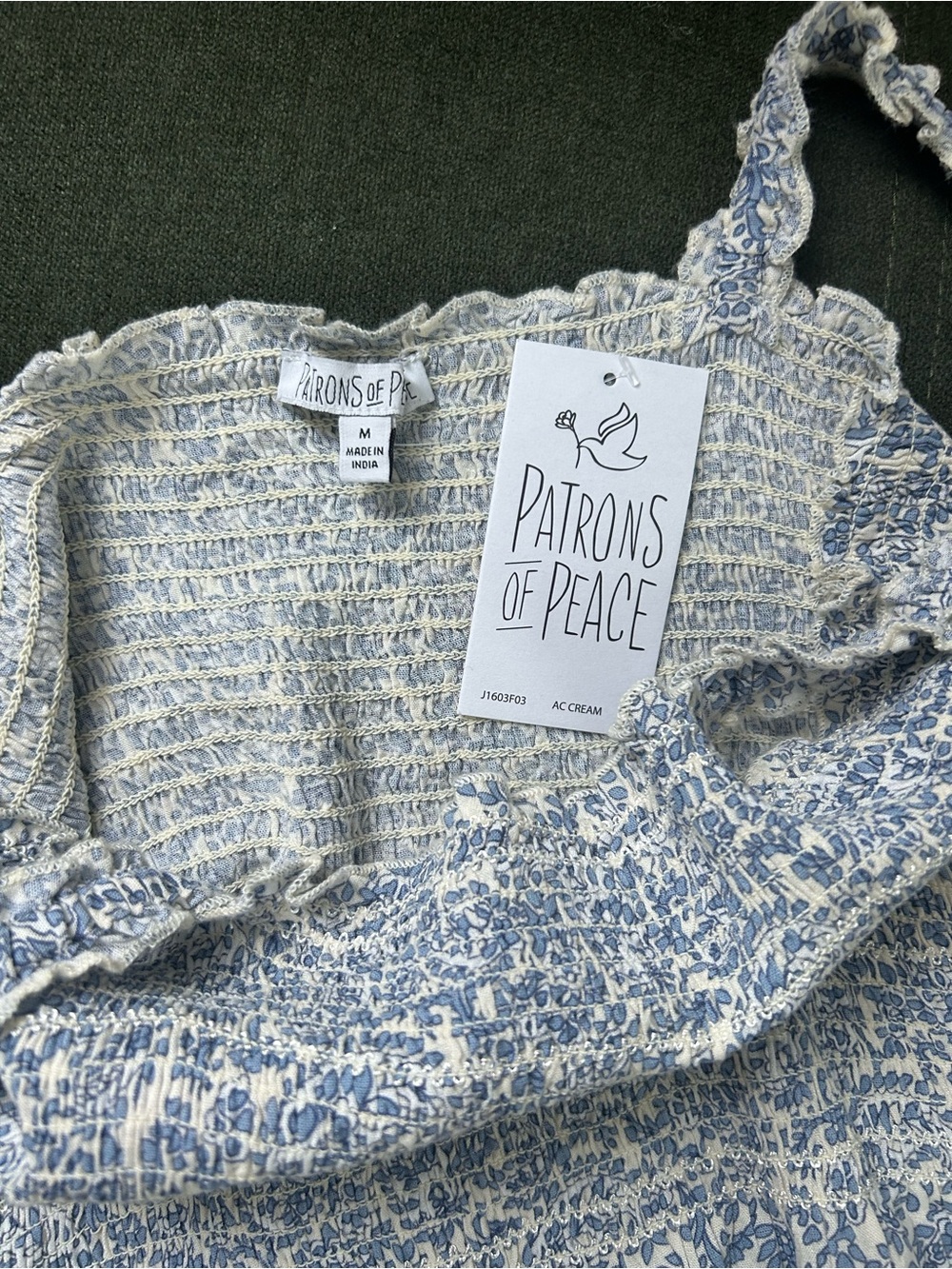 Patrons of Peace Blue White Floral Smocked Peplum Tank - Picture 3 of 4